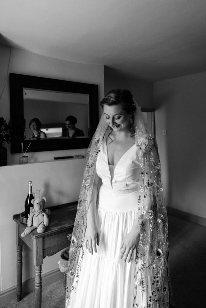 Bride in veil in black and white at The Normans York