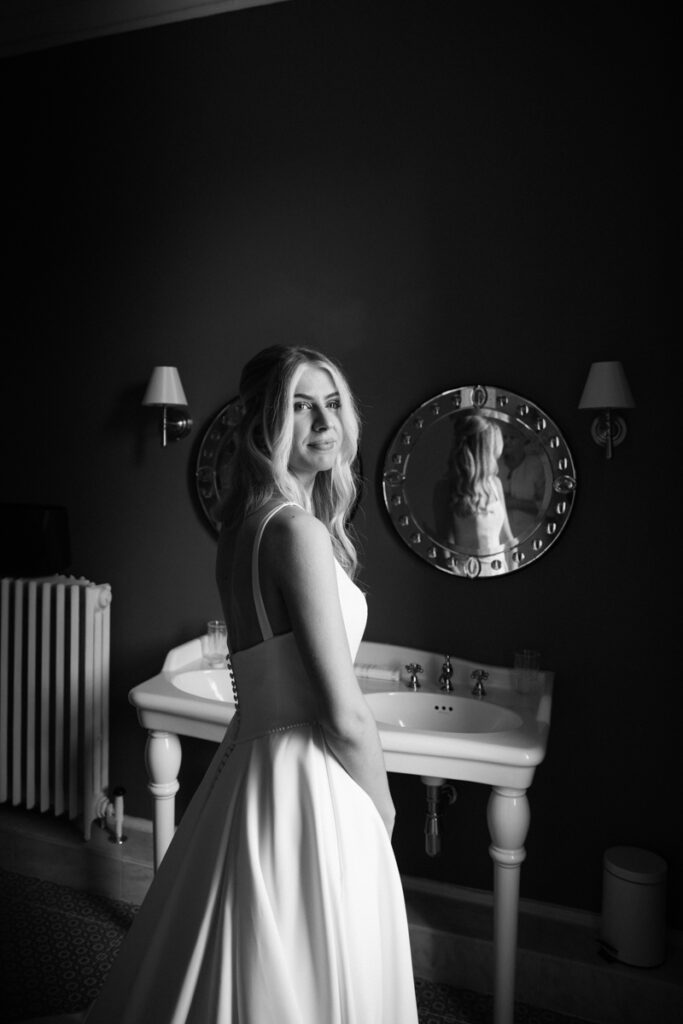 Bride dressed at Thicket Priory