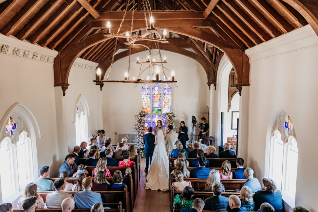 Wedding ceremony from above at Thicket Priory