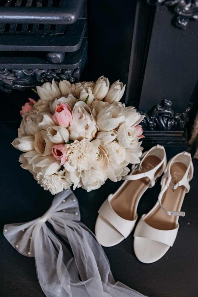 Bride's flowers and shoes at Thicket Priory