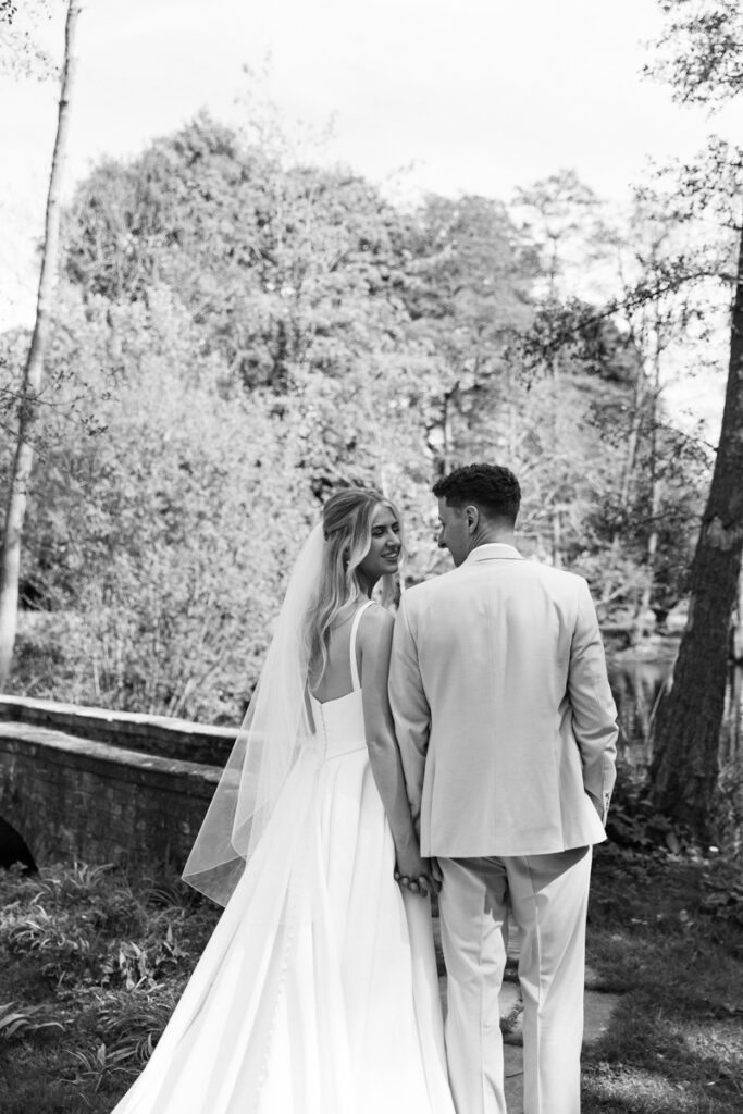 Bride and Groom in black and white at Thicket Priory