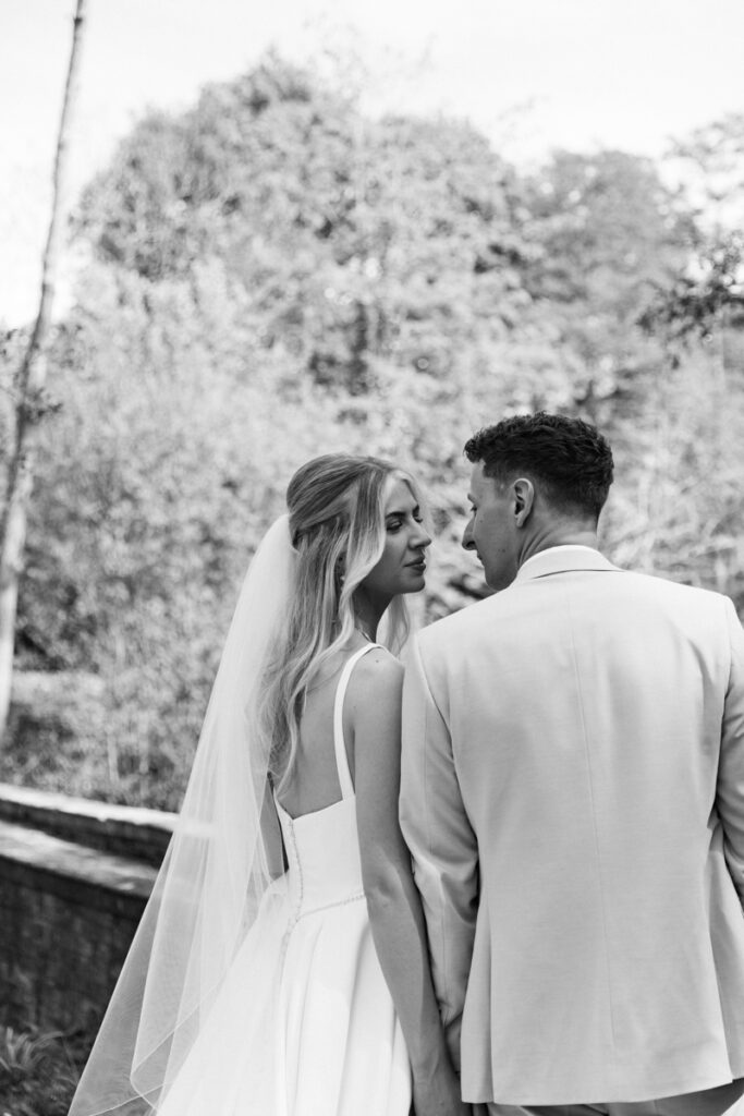 Bride and Groom in black and white at Thicket Priory