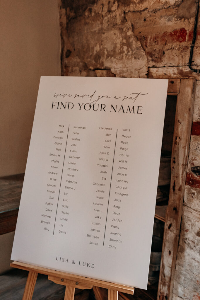 Table seating plan at Middleton Lodge